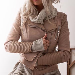 Beige Mixed Materials Biker Jacket